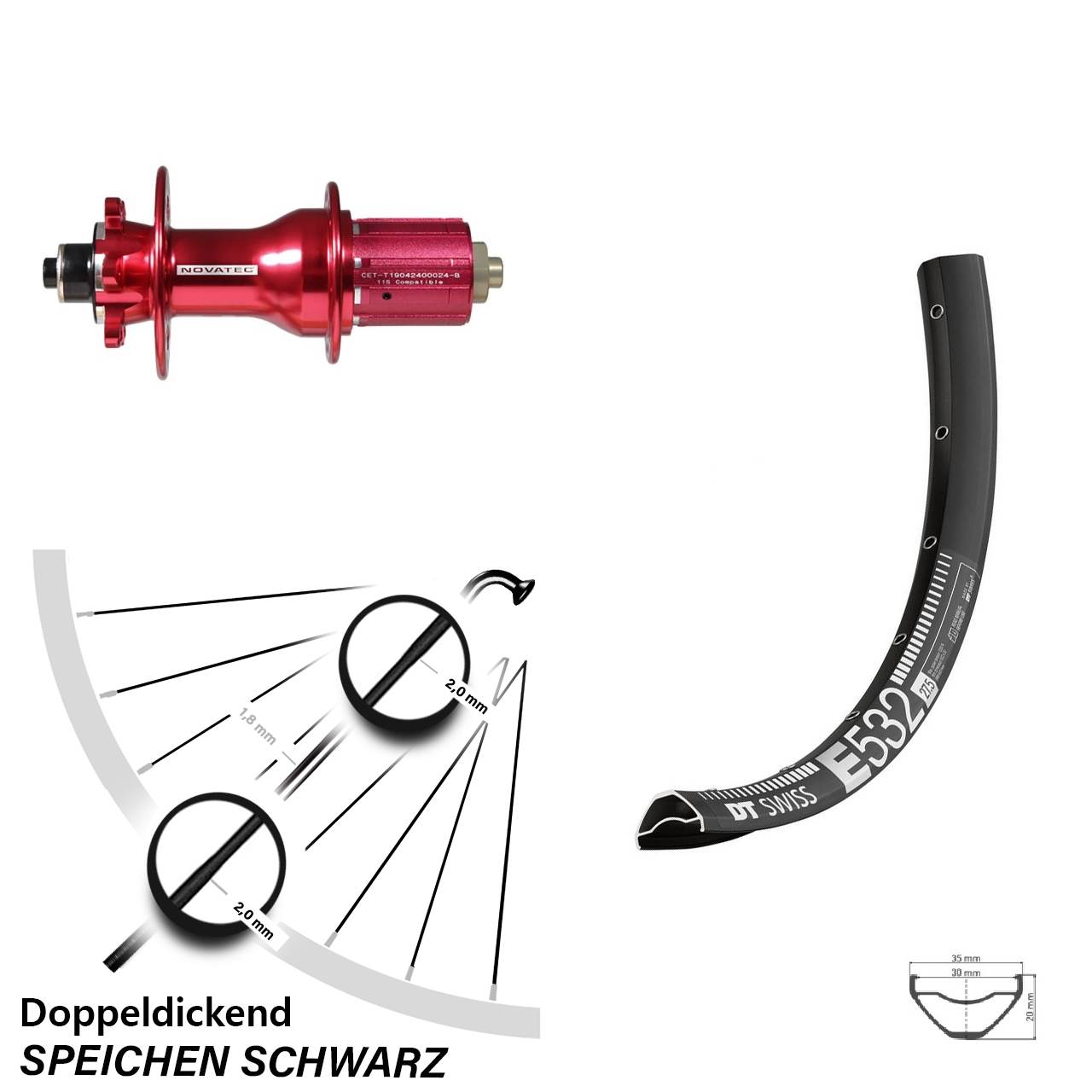 29 Zoll DT Swiss E 532 Novatec D792SB Hinterrad 6-Loch QR 8-12 fach