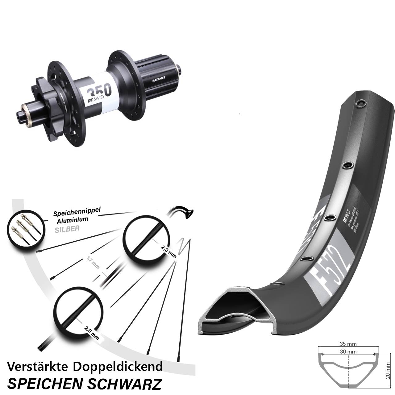 29 Zoll DT Swiss F 572-350 Ratchet 36 Disc Hinterrad für Schnellspanner Boost 8-11 fach