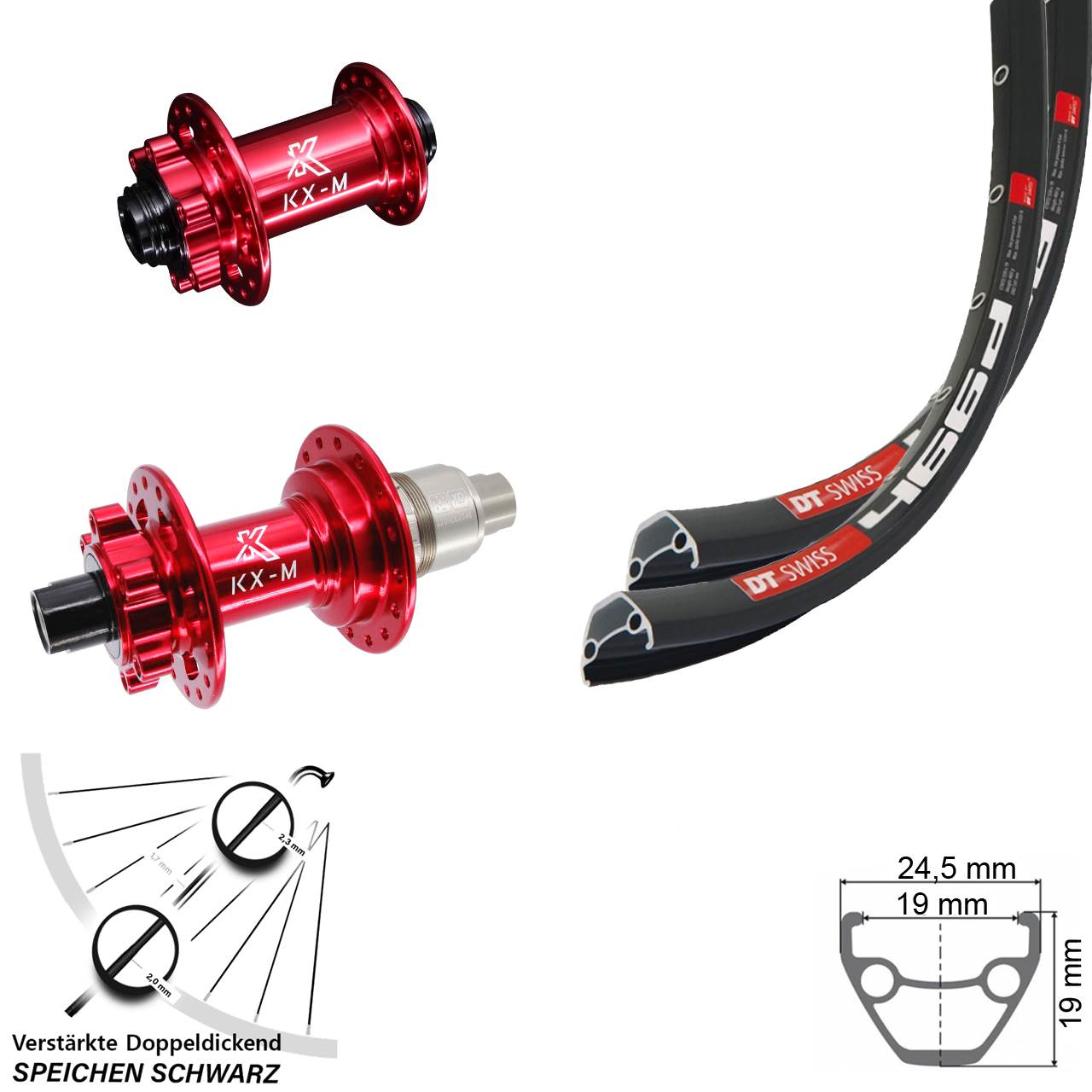 Laufradsatz 6-Loch 15x100 12x142 28 Zoll DT Swiss 466 KX-M rot XD