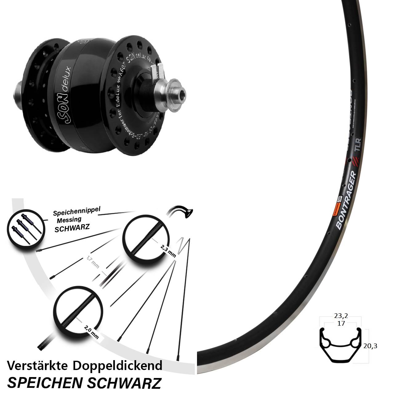 Nabendynamo-Vorderrad 28 Zoll Bontrager TLR SONdelux für Schnellspanner