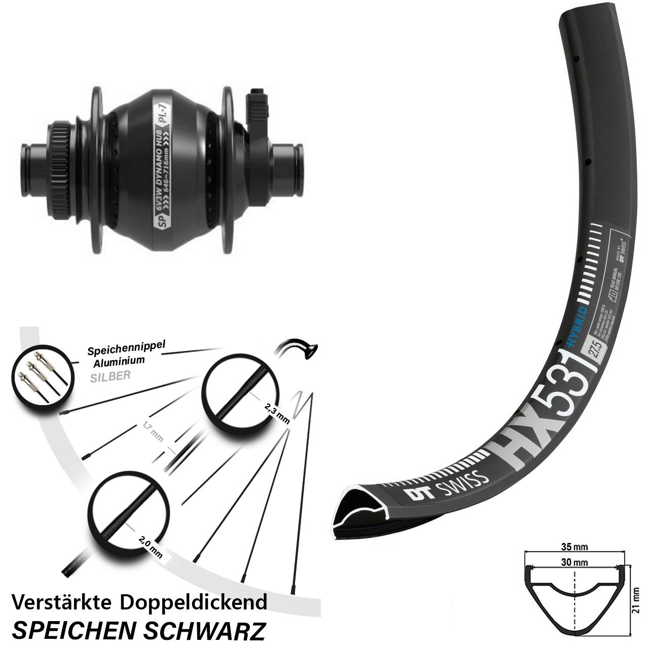 29 Zoll DT Swiss HX531 Shutter PL-7 Dynamo-Vorderrad Centerlock 12x100