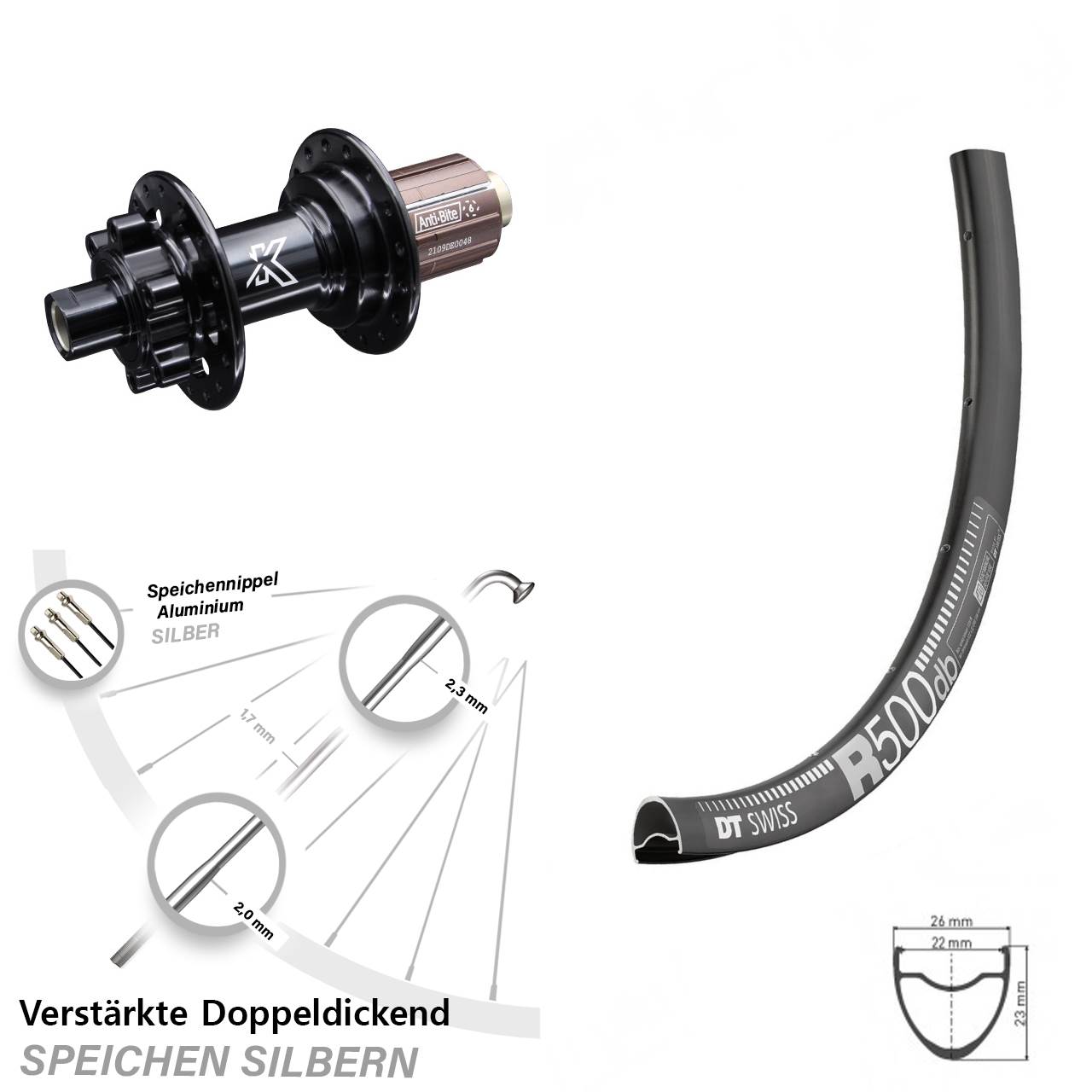 28 Zoll Hinterrad KX-M Nabe 12x142 mm DT Swiss R 500 verstärkt Road Disc 8-12 fach