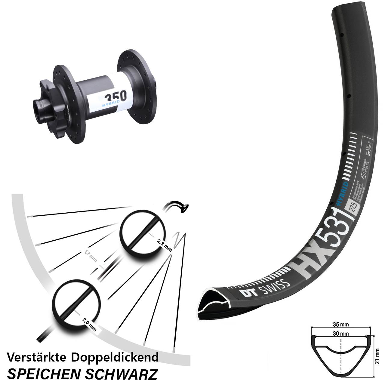 29 Zoll Vorderrad E-Bike HX 531 DT Swiss 350 Hybrid Boost 15x110 mm 6-Loch