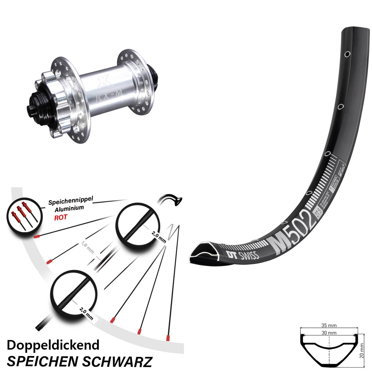 29 Zoll DT Swiss M 502 Disc KX-M 6-Loch Vorderrad QR