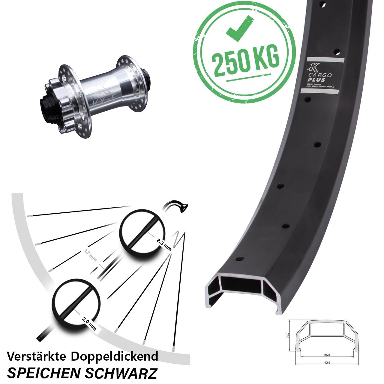 6-Loch Vorderrad 15x100 26 Zoll KX-E Cargo Plus Heavy Duty 4 Kugellager