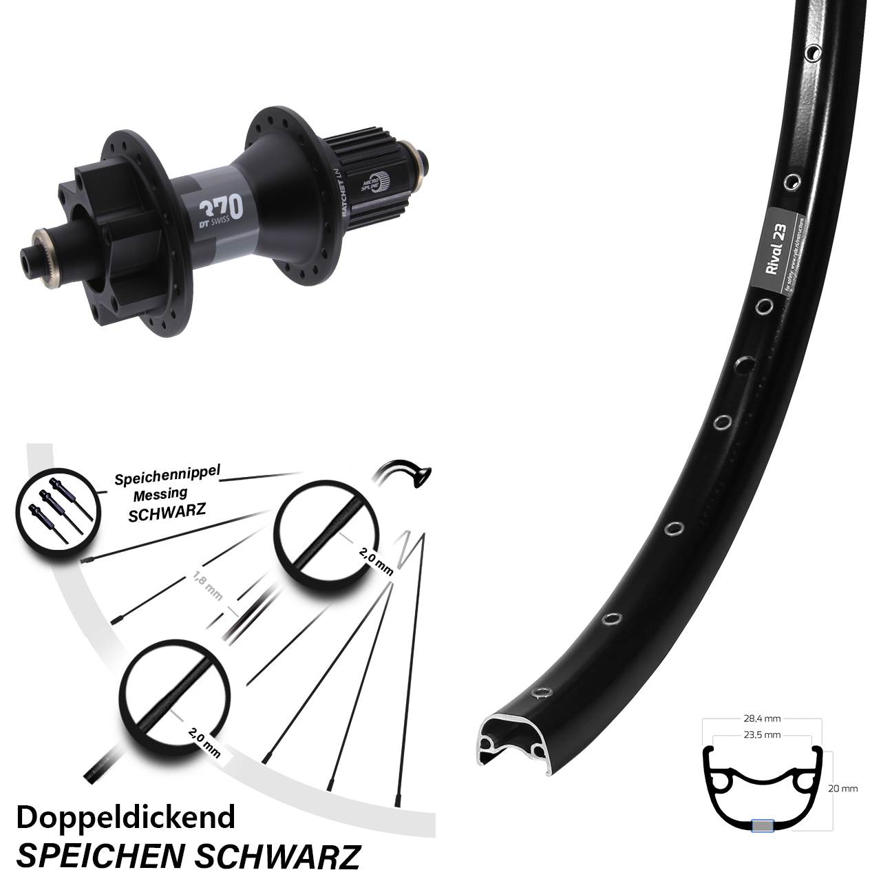 27,5 Zoll Ryde Rival 23 Hinterrad DT Swiss 370 Micro Spline schwarz