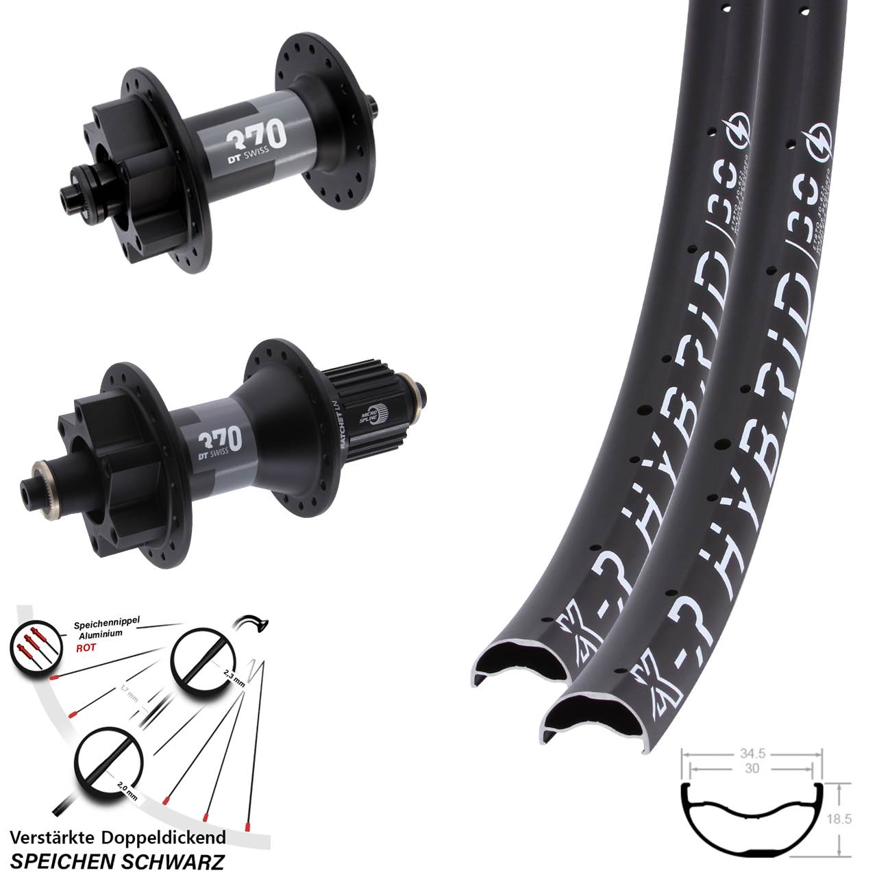 29 Zoll KX-R Hybrid 30 DT Swiss 370 Disc Laufrad-Satz für Schnellspanner Micro Spline