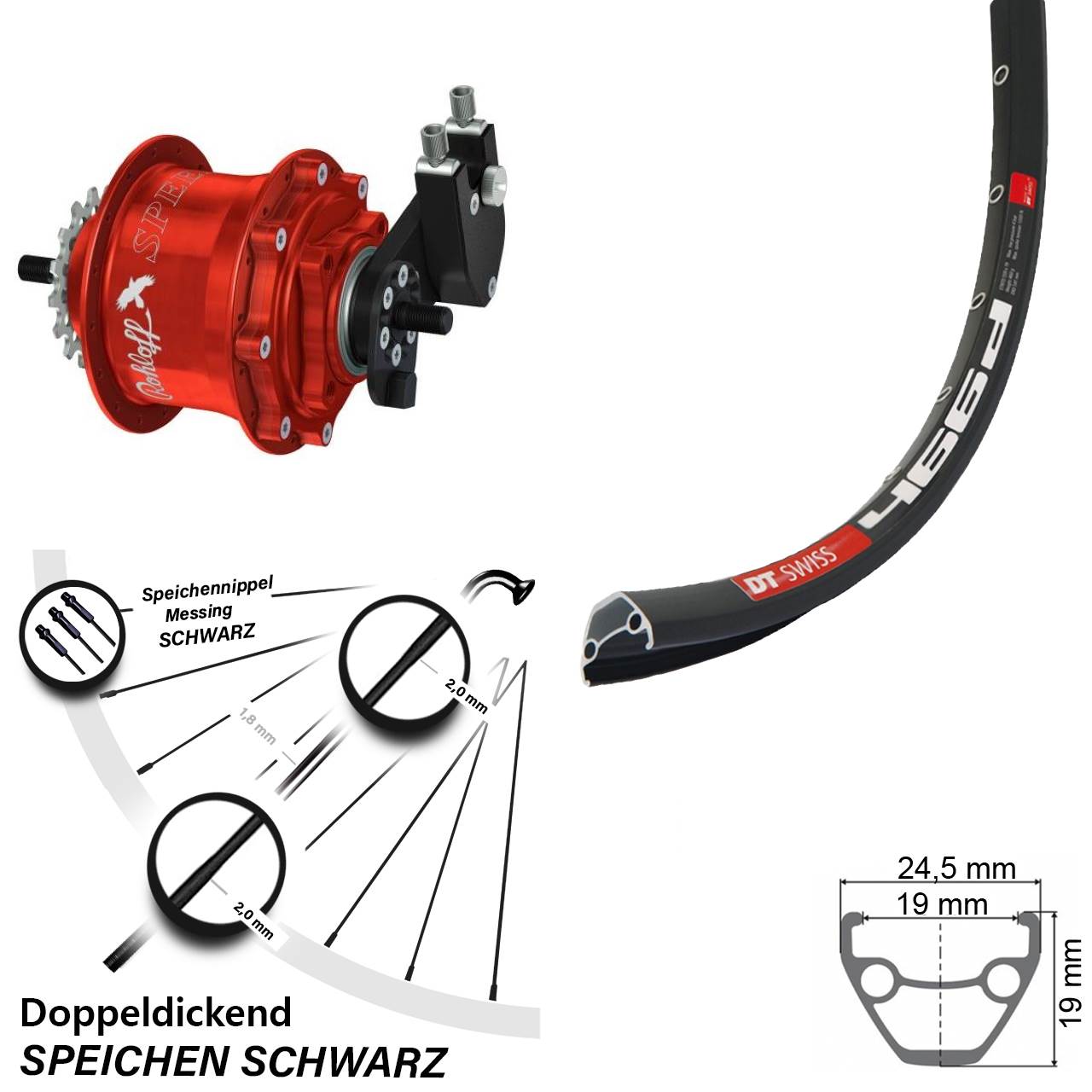28-29 Zoll DT Swiss 466d Rohloff 500/14 TS DB OEM Tandem rot
