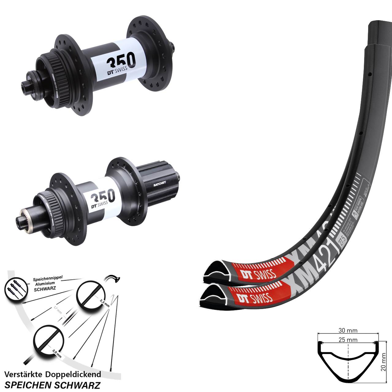 29 Zoll Laufradsatz DT Swiss XM421-350-Ratchet 36 8-11 fach HG für Schnellspanner