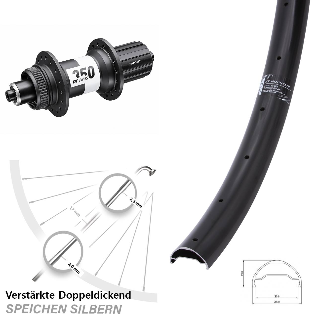 29 Zoll KX Mountain TR DT Swiss 350 Ratchet 36 Disc Hinterrad für Schnellsp. 8-11 fach HG