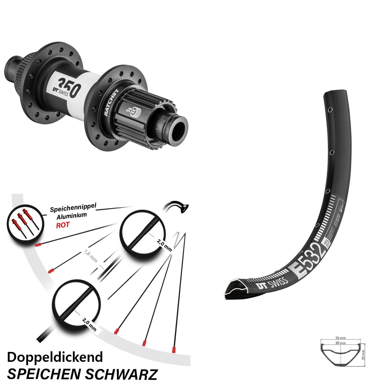DT Swiss E 532 Hinterrad 27,5 Zoll mit 350 Hinterradnabe Centerlock Micro Spline