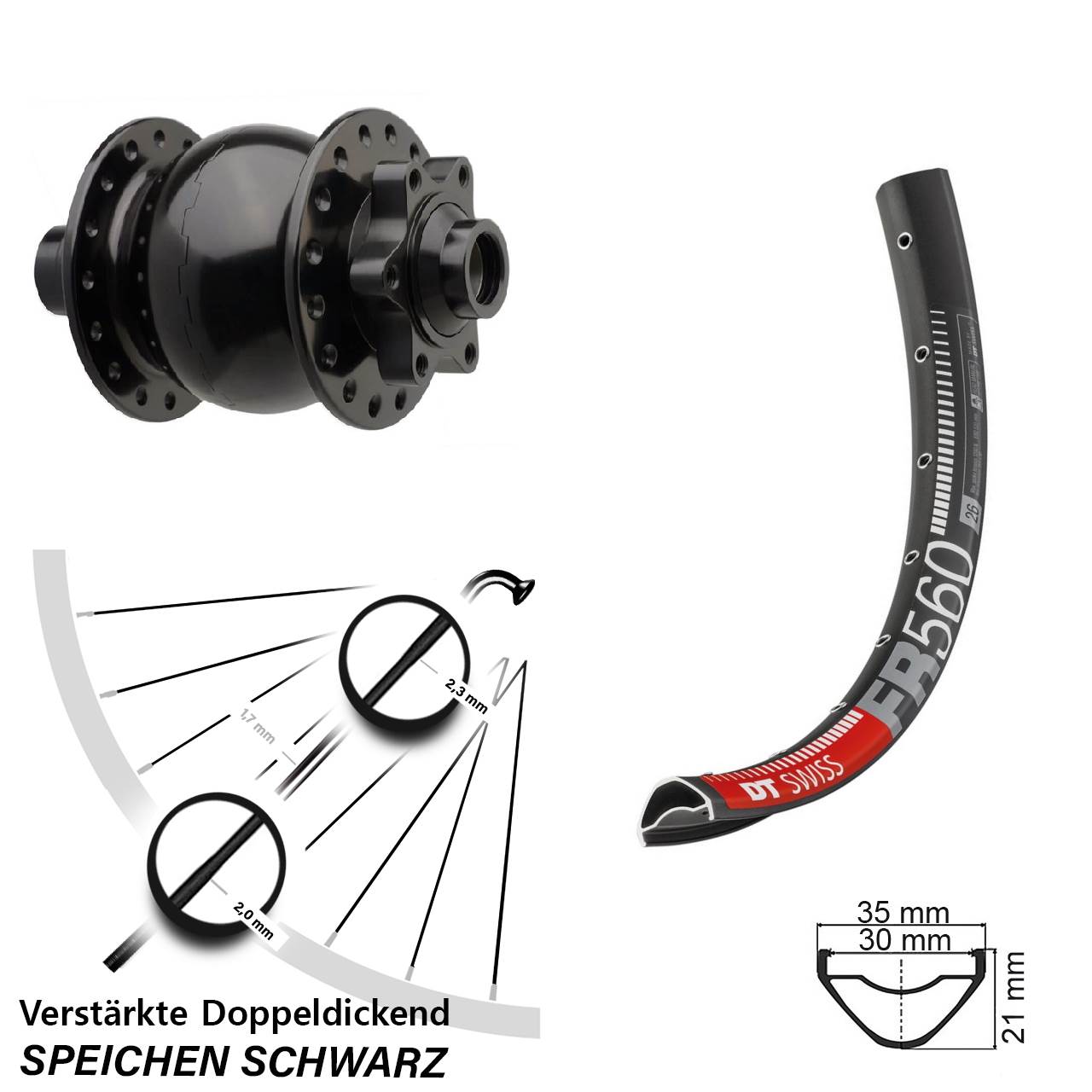 6-Loch Dynamo-Vorderrad 26 Zoll DT Swiss FR560 SON 28 15x110 Boost