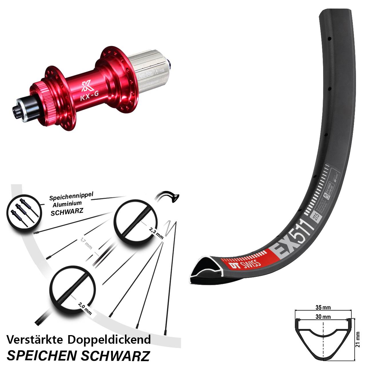 DT Swiss EX511 KX-G rot 29 Zoll Disc Hinterrad für Schnellspanner 8-12 fach