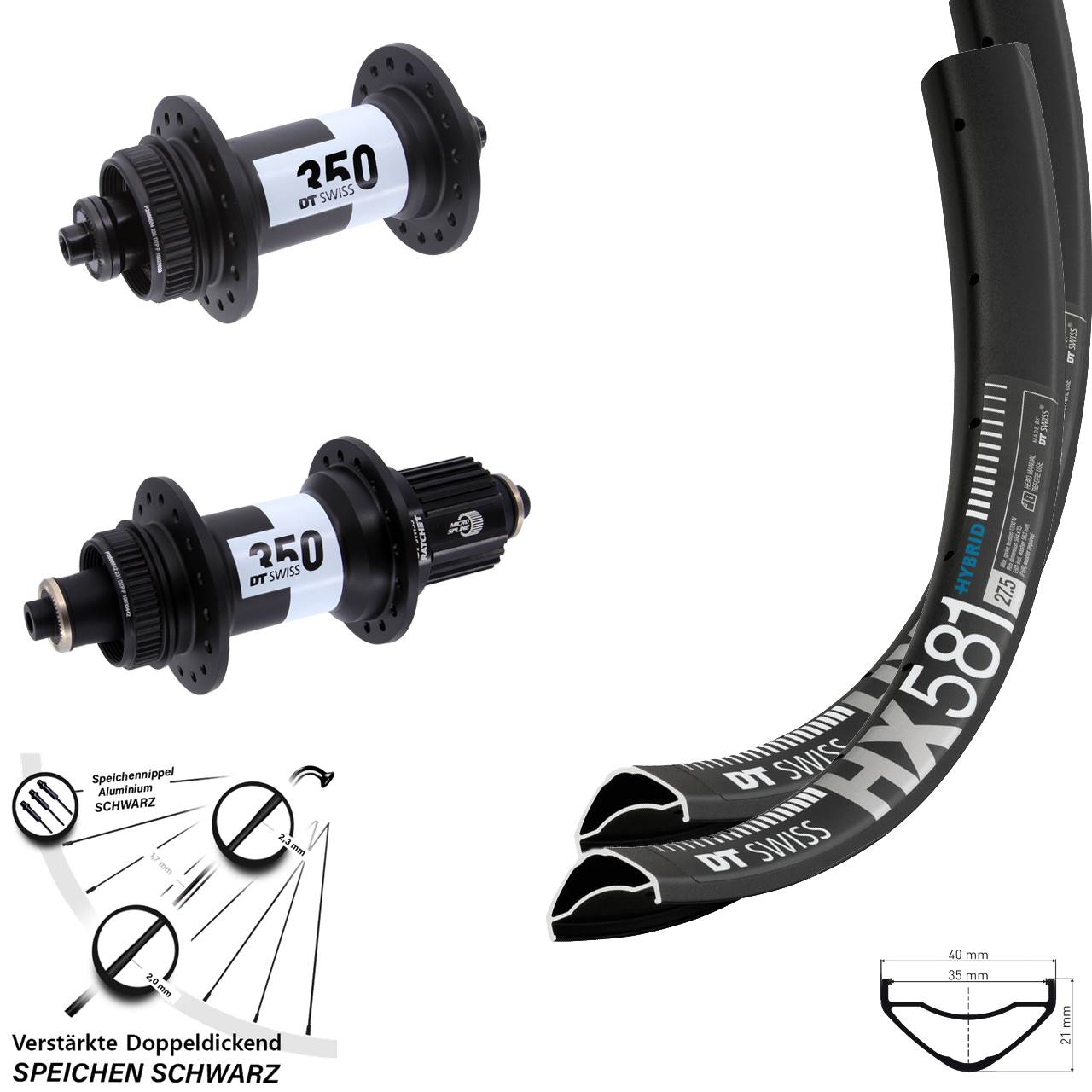 27,5 Zoll DT Swiss HX581-350 Disc Laufradsatz QR Shimano Micro Spline