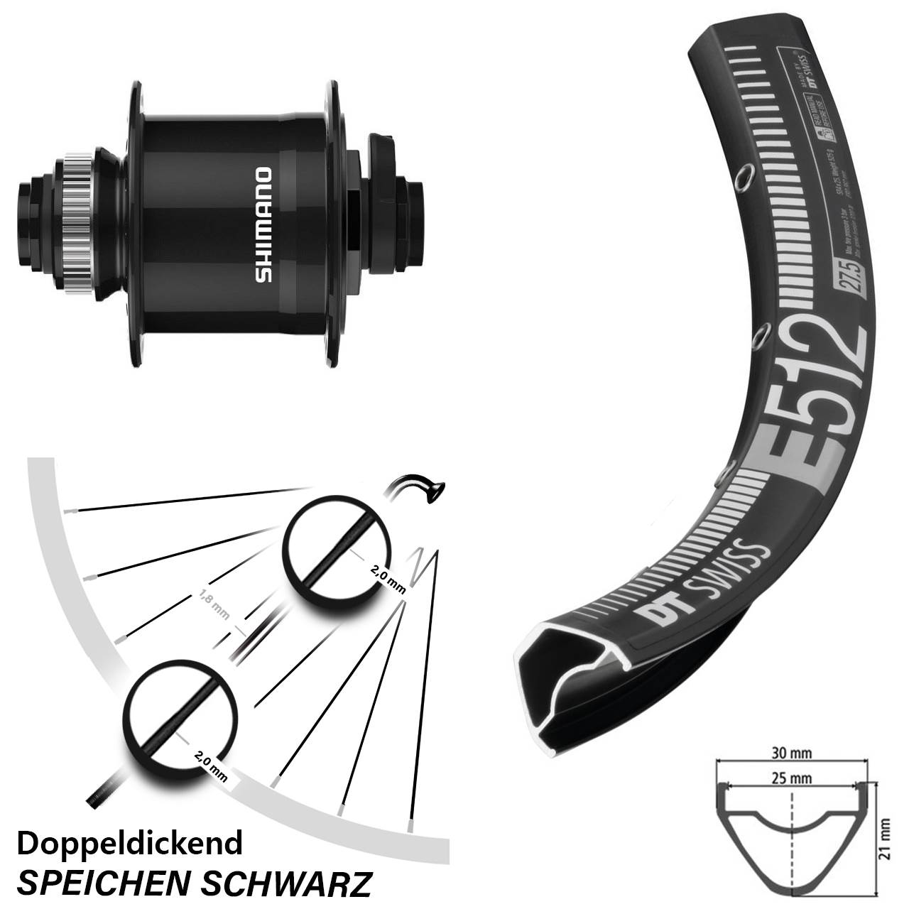 Nabendynamovorderrad Centerlock 15x100 27,5 Zoll DT Swiss E512 Shimano DH-UR708