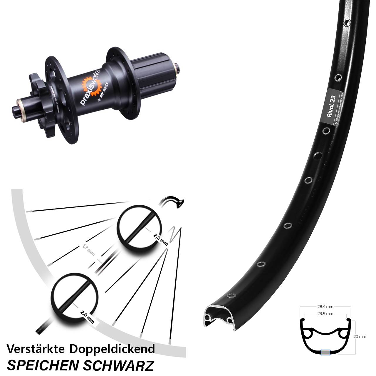 Hinterrad 27,5 Zoll Ryde Rival 23 schwarz DT Swiss 350 6-Loch 5x135 HG 8-11 fach