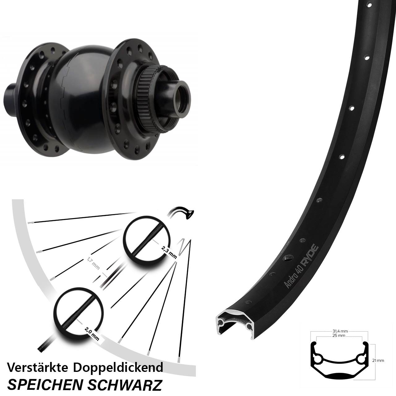 Centerlock Vorderrad mit Dynamo 20 Zoll Ryde Andra 40 SON 28 15x110 Boost