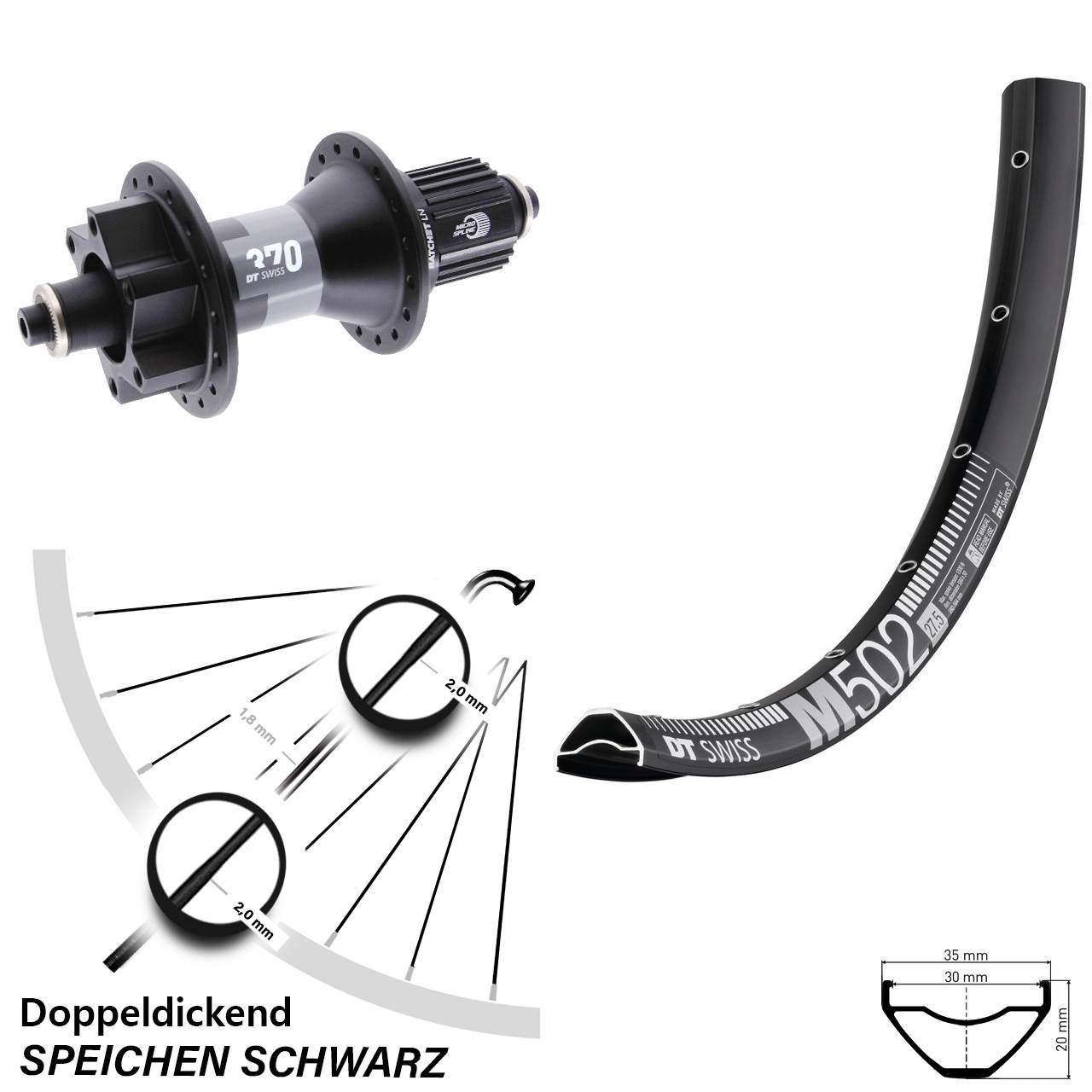 29 Zoll DT Swiss M 502 370 Boost 6-Loch Hinterrad QR Micro Spline