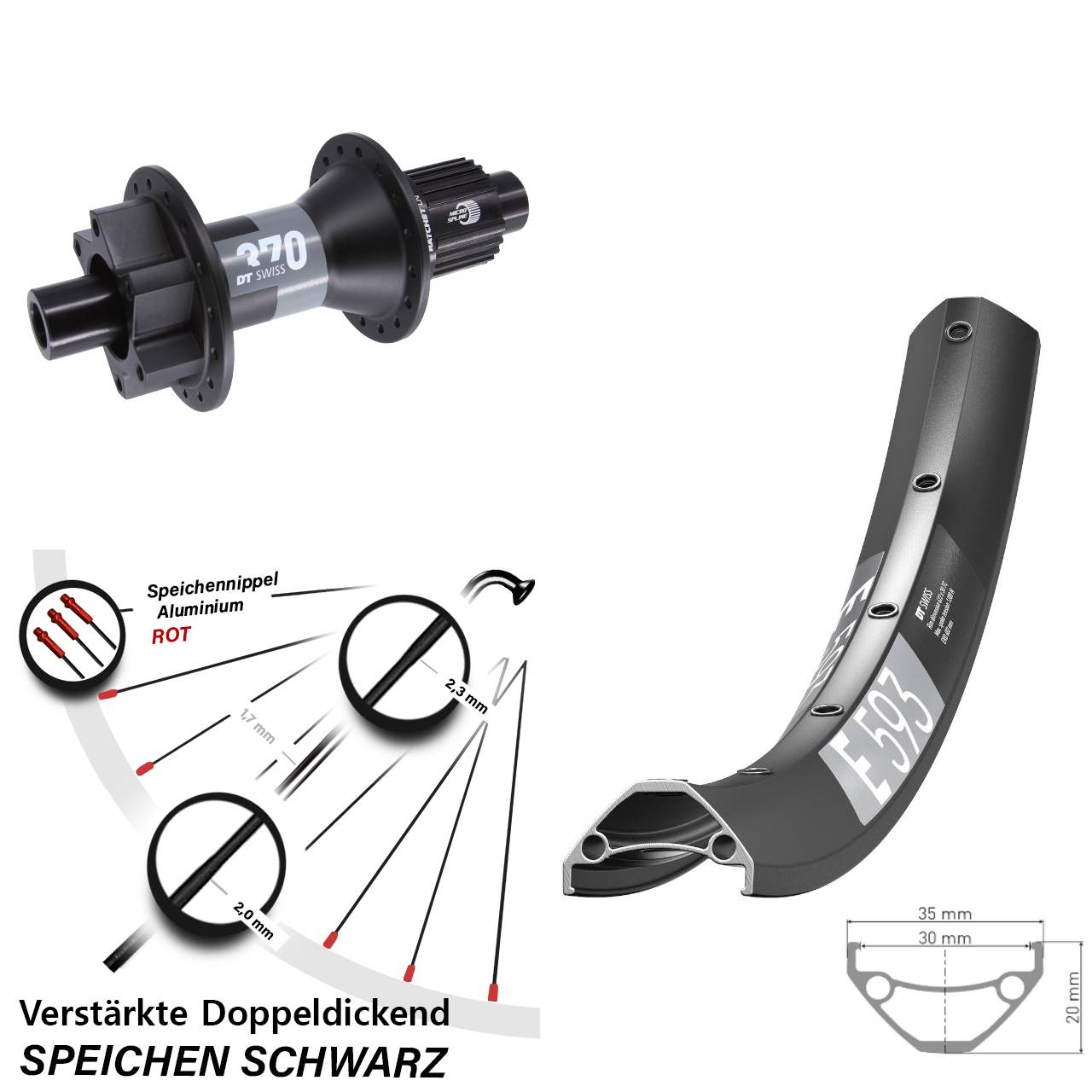 6-Loch Hinterrad 29 Zoll DT Swiss E593 DT Swiss 370 Shimano Micro Spline 12x148 Boost