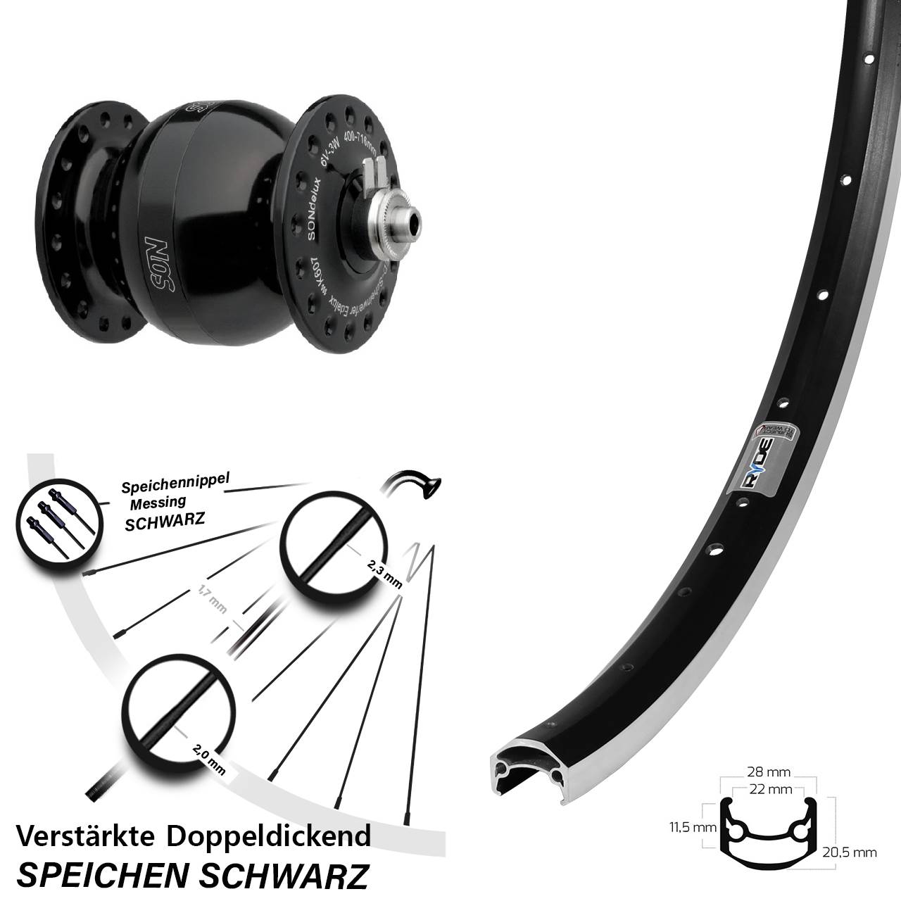 Vorderrad mit Nabendynamo 27,5 Zoll Ryde Andra 35 SONdelux wide body QR