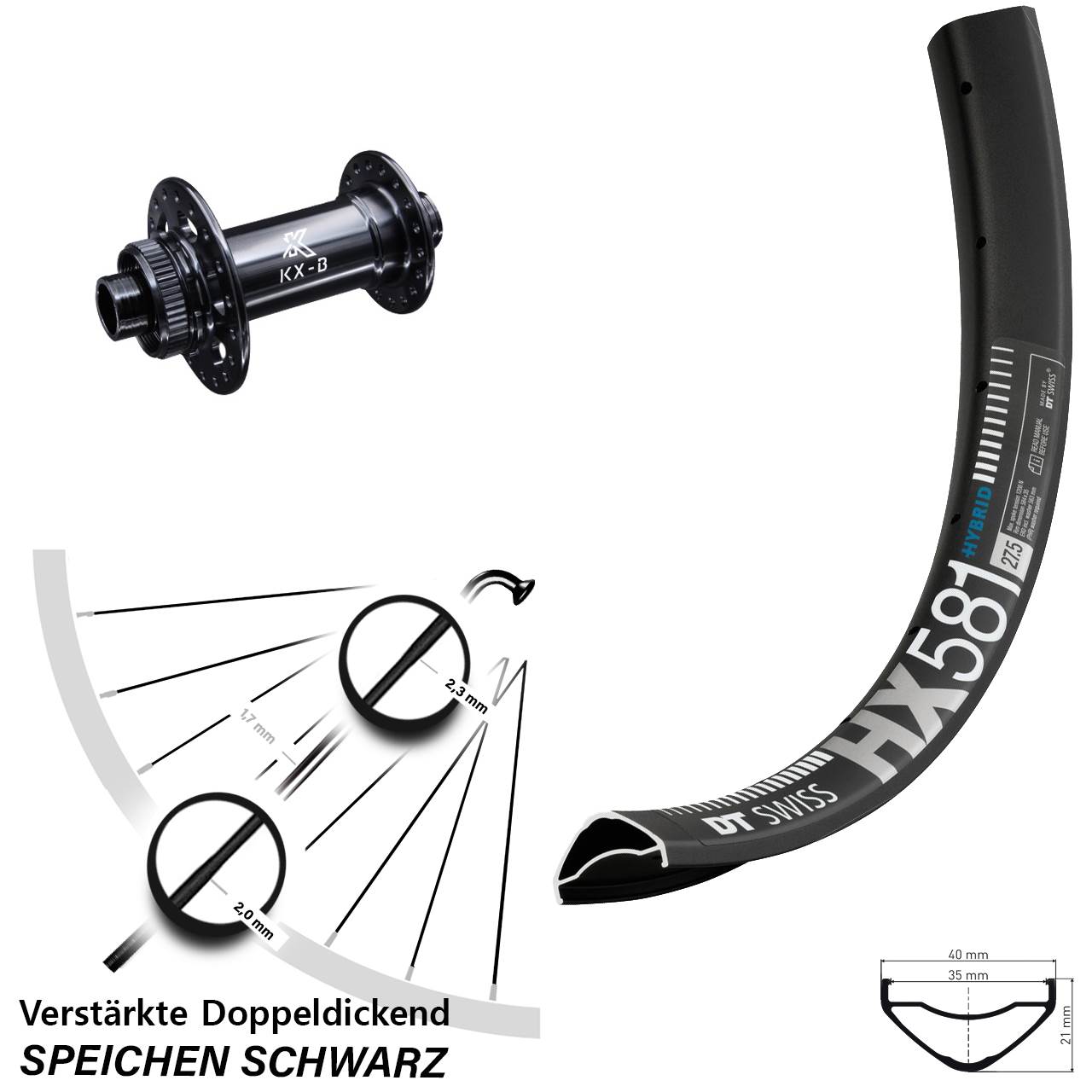 DT Swiss HX 581 KX-B 27,5 Zoll Centerlock Vorderrad 15x110 Boost