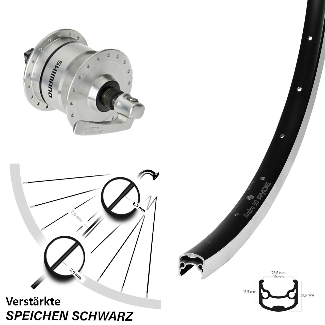 Nabendynamovorderrad für Schnellspanner 28 Zoll Ryde Andra 30 Shimano DH3N72