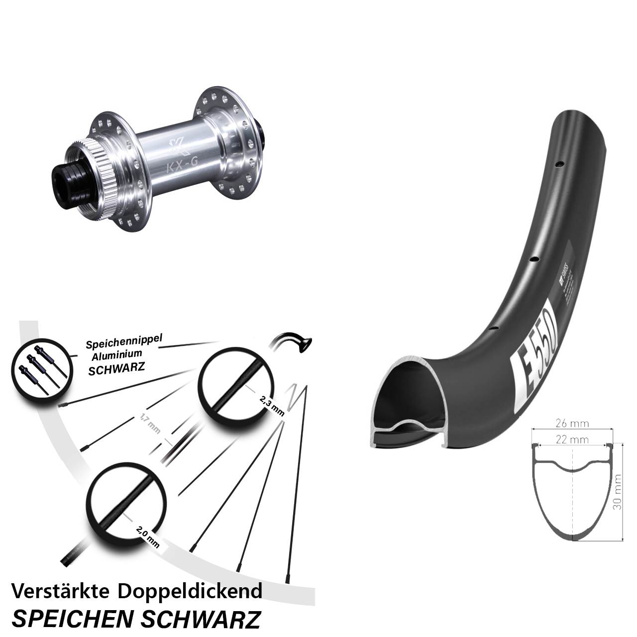 28 Zoll DT Swiss E550 KX-G Vorderrad 12x100