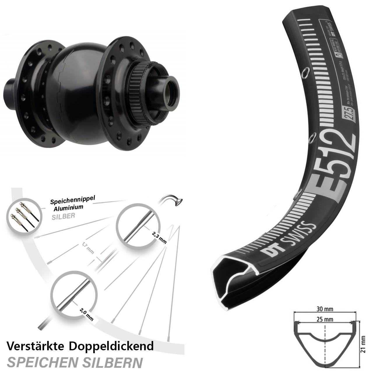 29 Zoll Nabendynamo-Vorderrad Centerlock DT Swiss E512 SON 28 15x110 Boost