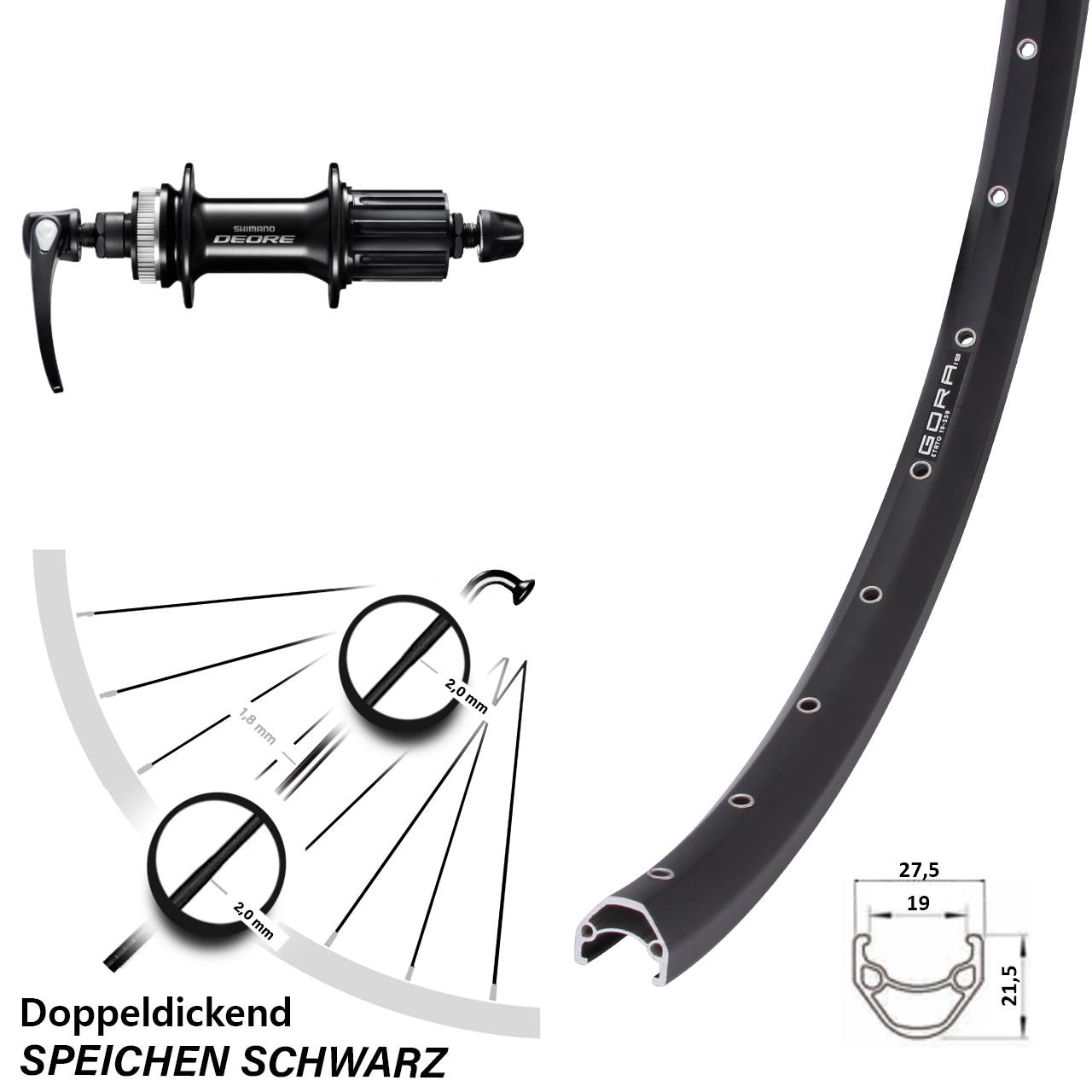 Gora 19 Shimano Deore 27,5 Zoll Centerlock Hinterrad QR 8-11 fach