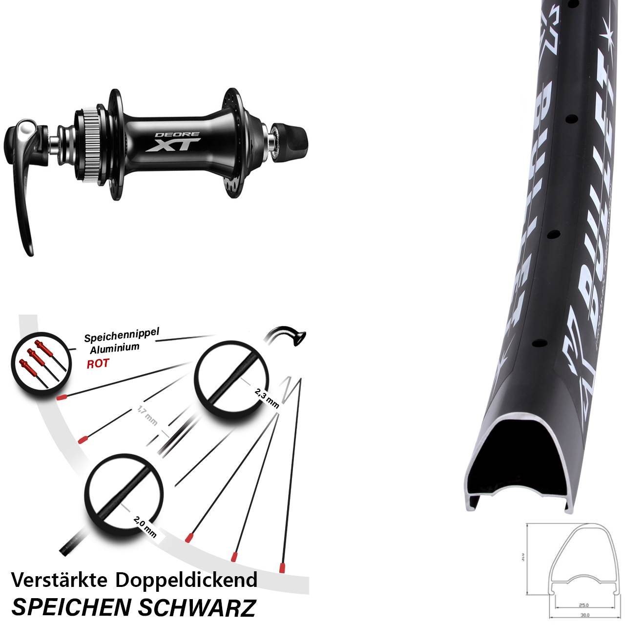 KX Bullet OS Shimano XT 28-29 Zoll Disc Laufrad für Schnellspanner