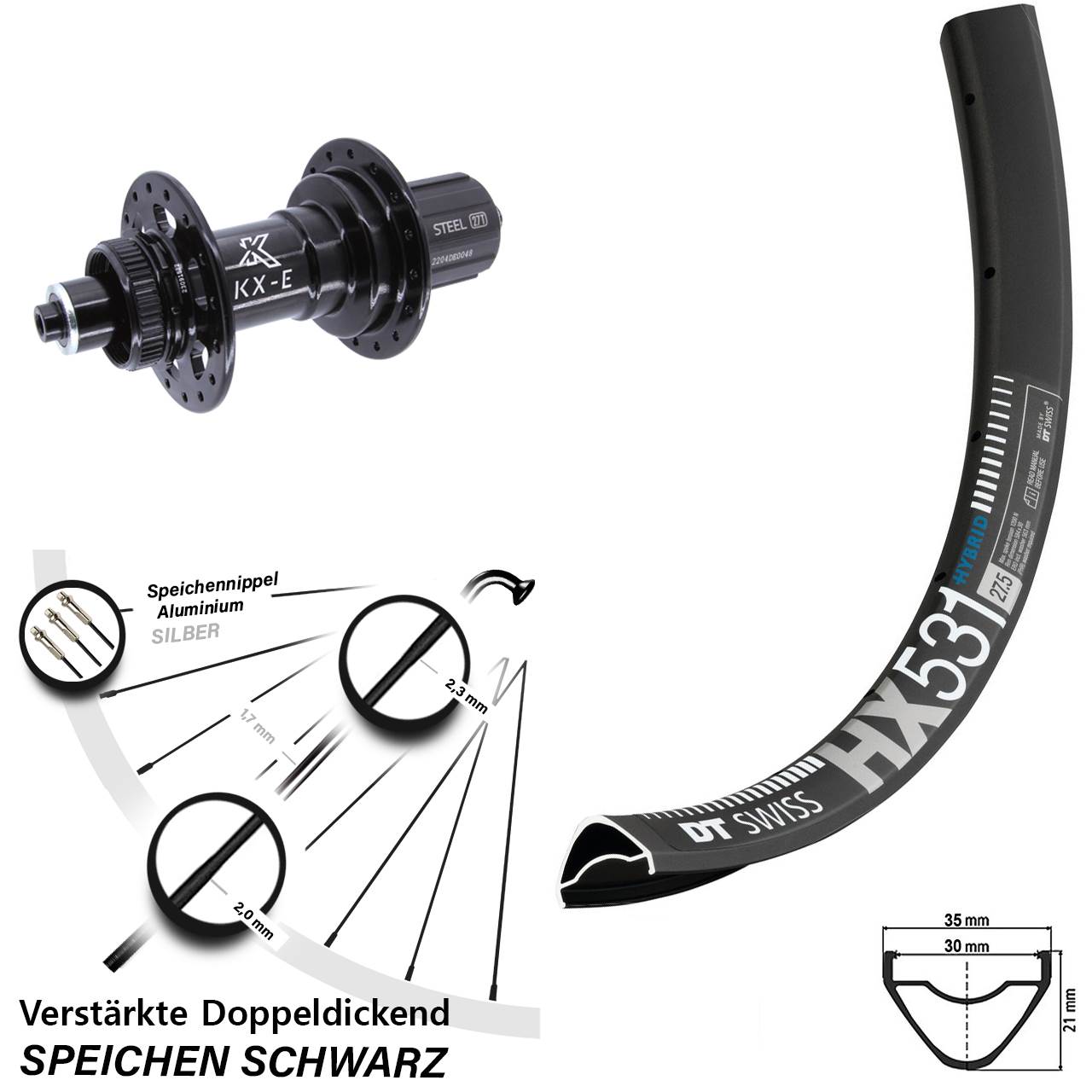 Centerlock Hinterrad 27,5 Zoll DT Swiss HX 531 KX-E 8-12 fach HG für Schnellspanner Boost