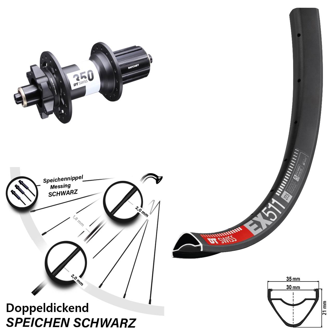 Hinterrad EX 511 DT Swiss 350 für 6-Loch Schnellspanner 5x135 mm 11-fach 29 Zoll