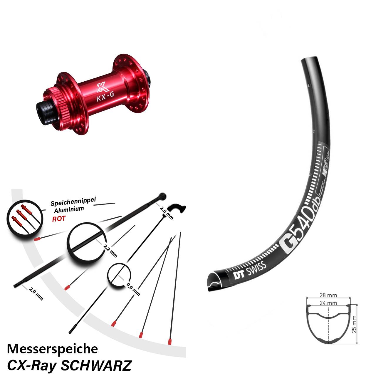 Centerlock Vorderrad 12x100 28 Zoll DT Swiss G 540 KX-G rot CX-Ray