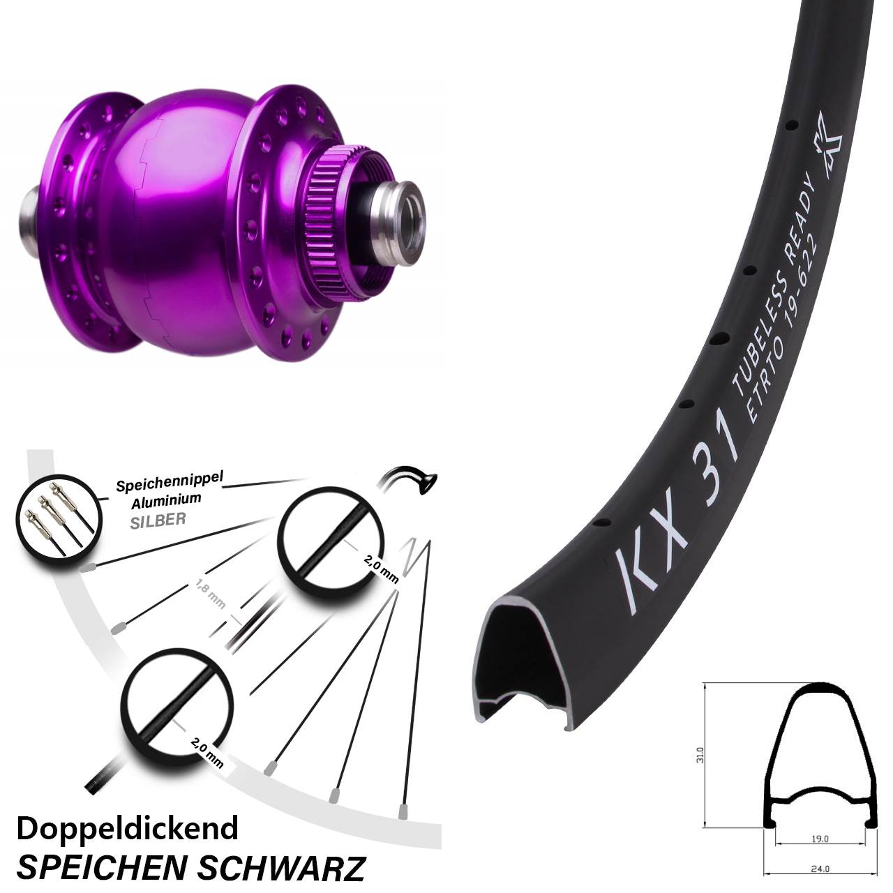 Laufrad 28 Zoll KX 31 Disc SON 28-12x100 Centerlock violett