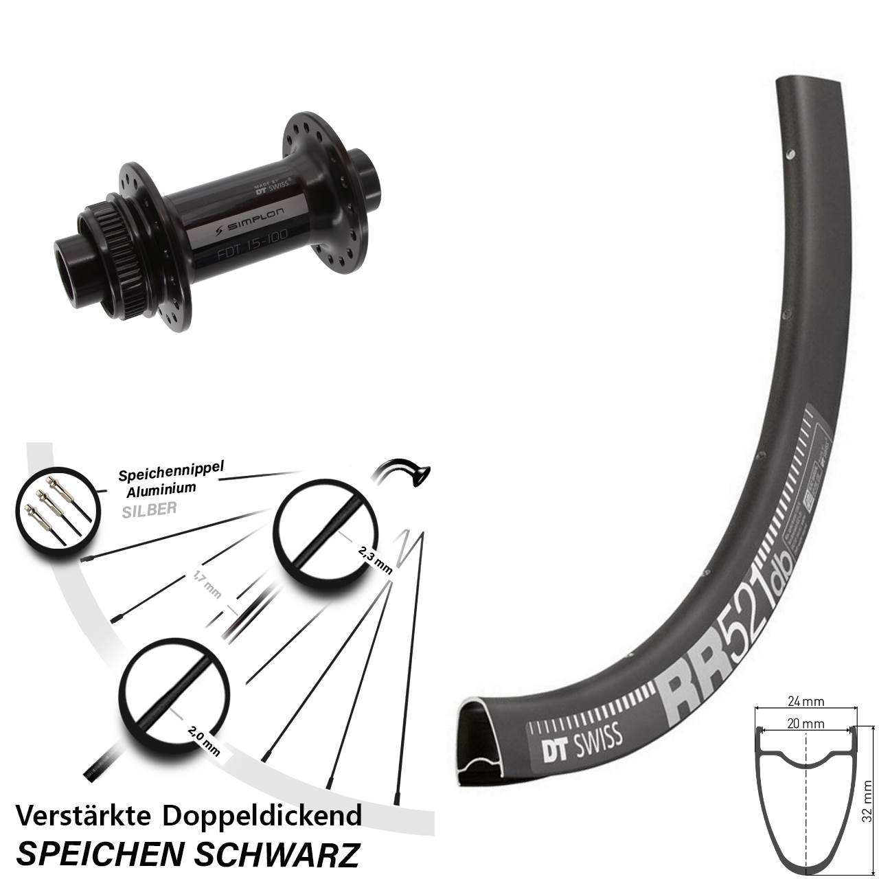 28 Zoll DT Swiss RR521-370 Centerlock Vorderrad 15x100