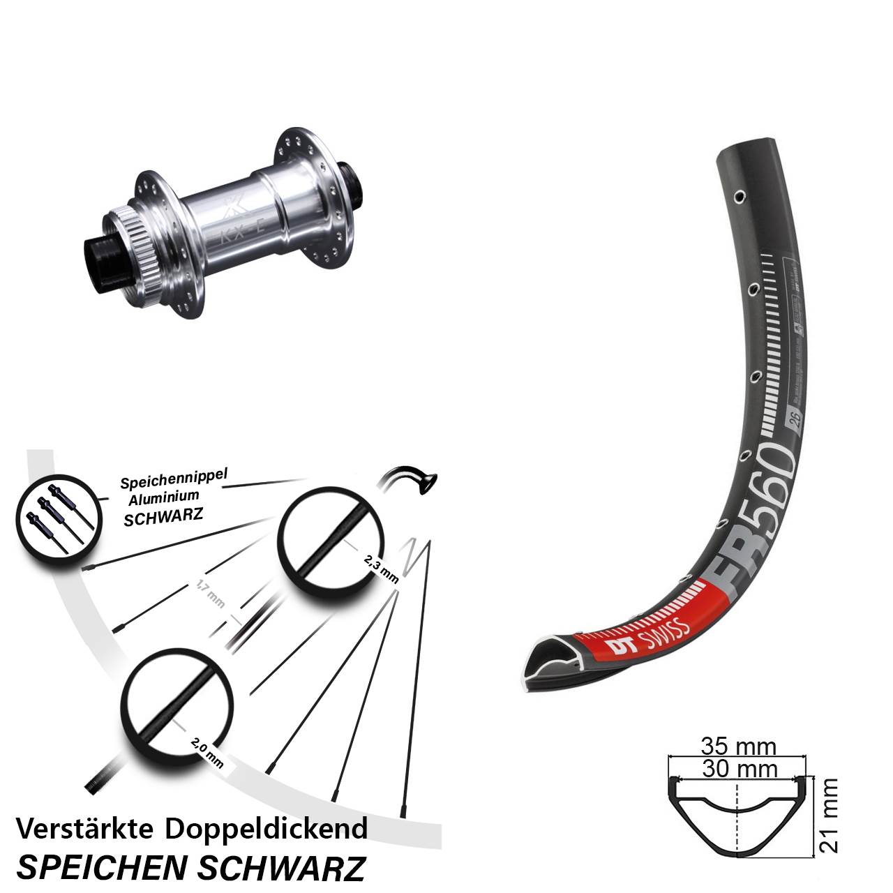 26 Zoll Vorderrad KX-E Steckachse 15x100 DT Swiss FR 560 Centerlock