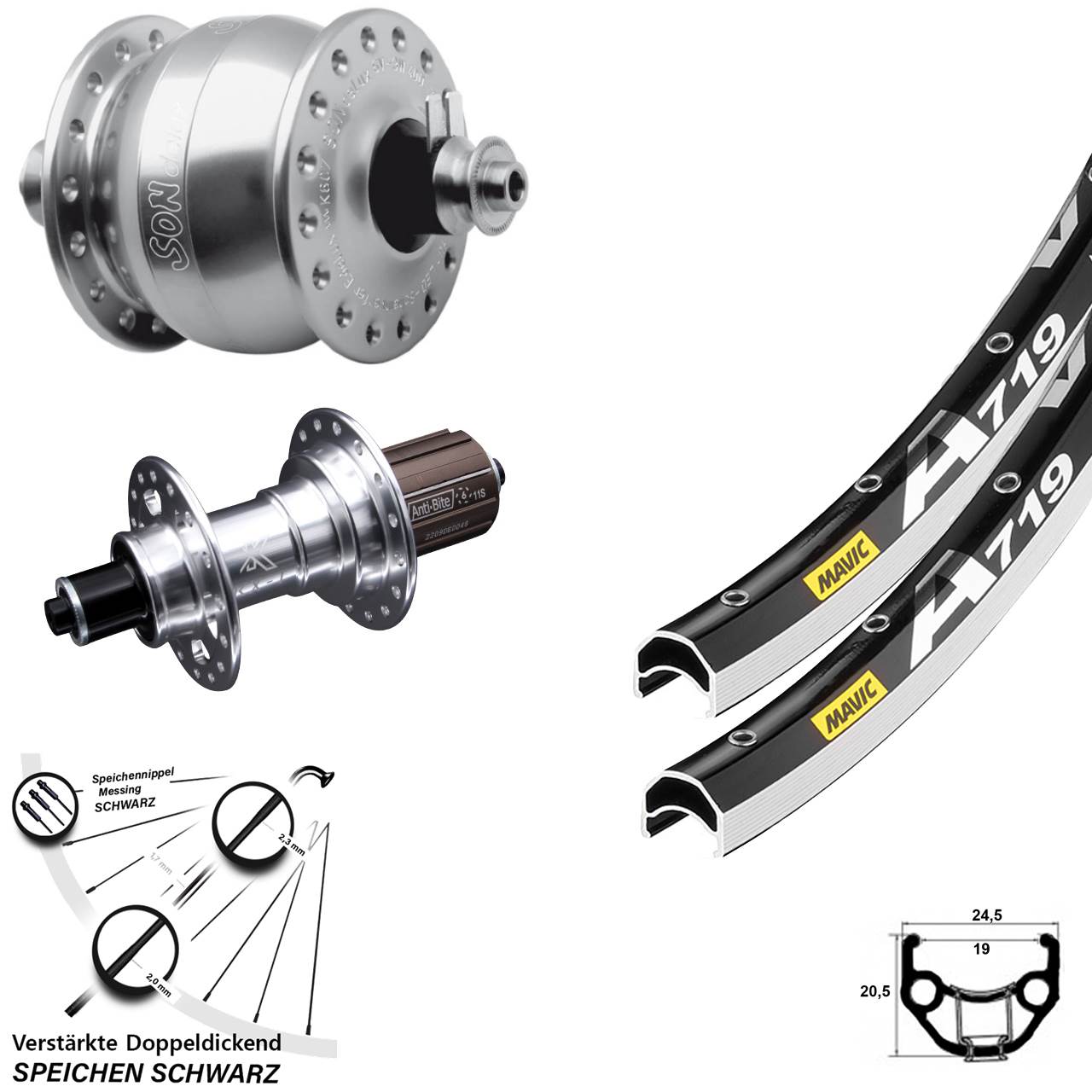 28 Zoll Mavic A719 KX-T SON delux Laufradsatz für Schnellspanner 8-12 fach HG