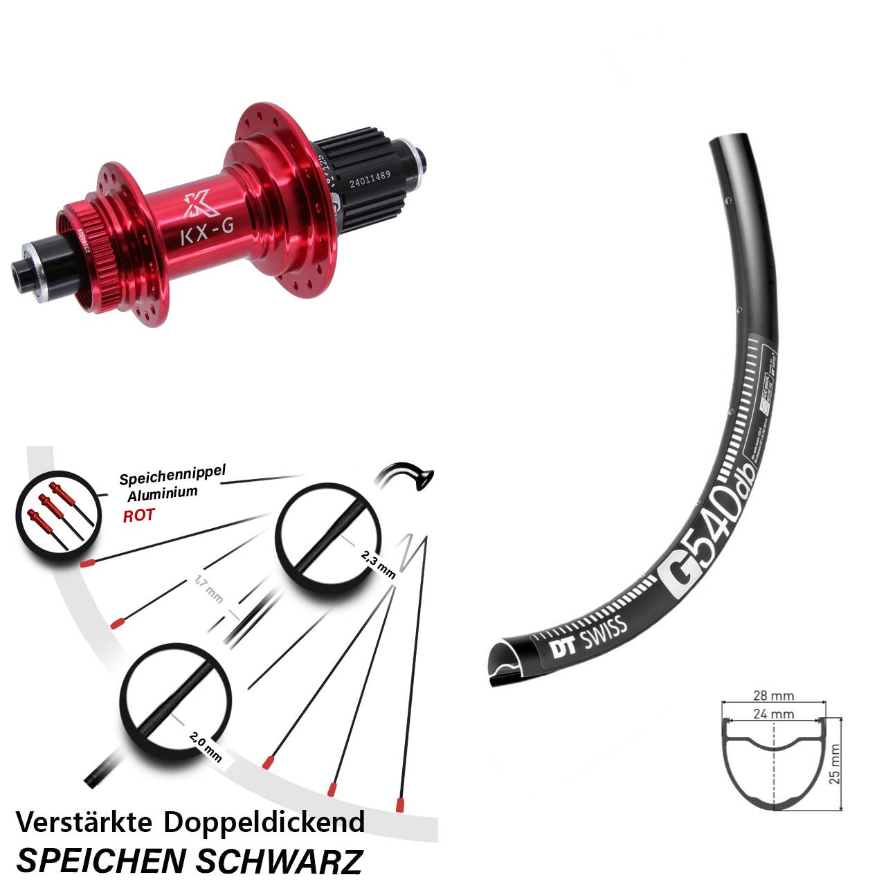 28-29 Zoll DT Swiss G540 KX-G rot Centerlock Hinterrad für Schnellspanner Micro Spline