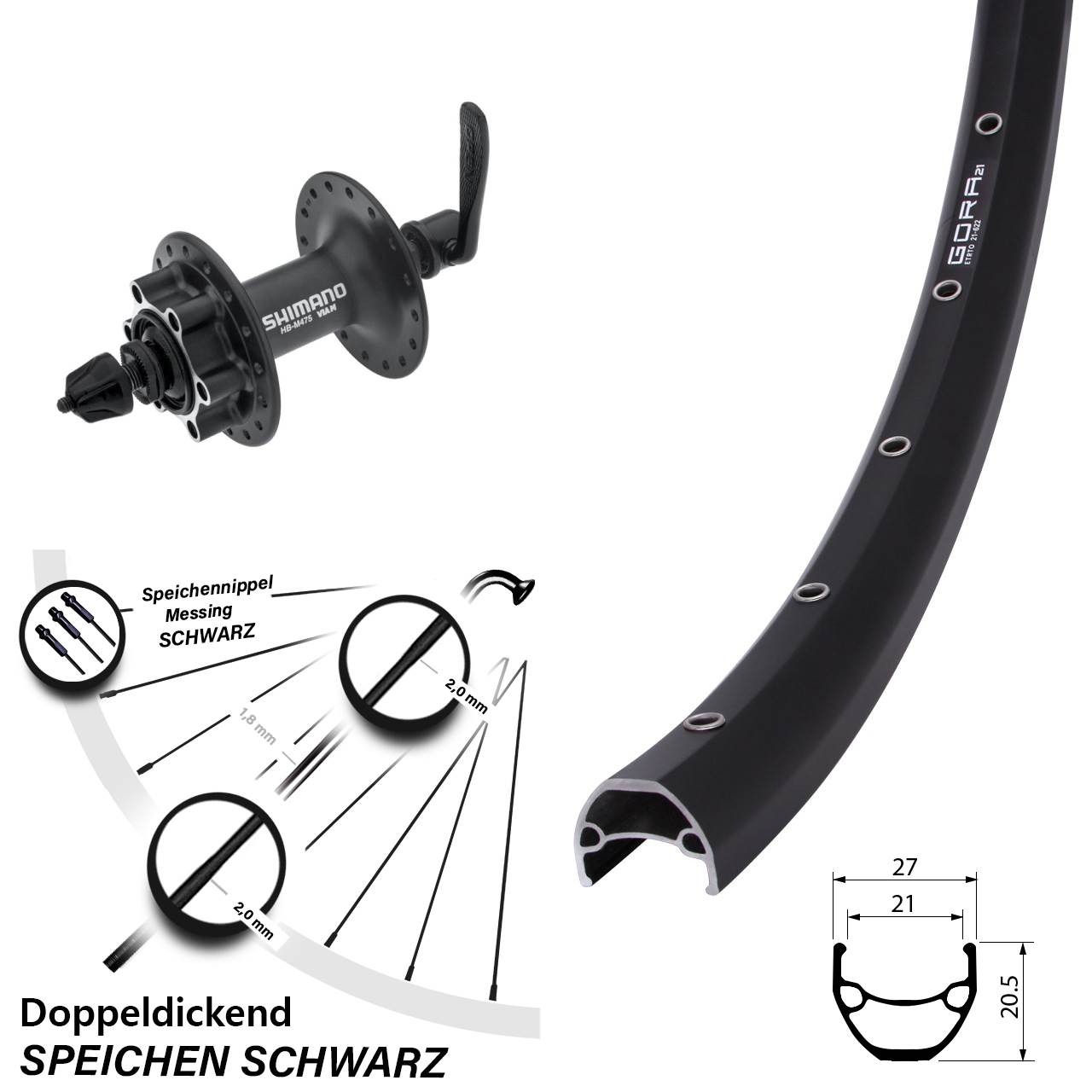 28-29 Zoll Gora 21 Shimano HB-M475 6-Loch Vorderrad für Schnellspanner