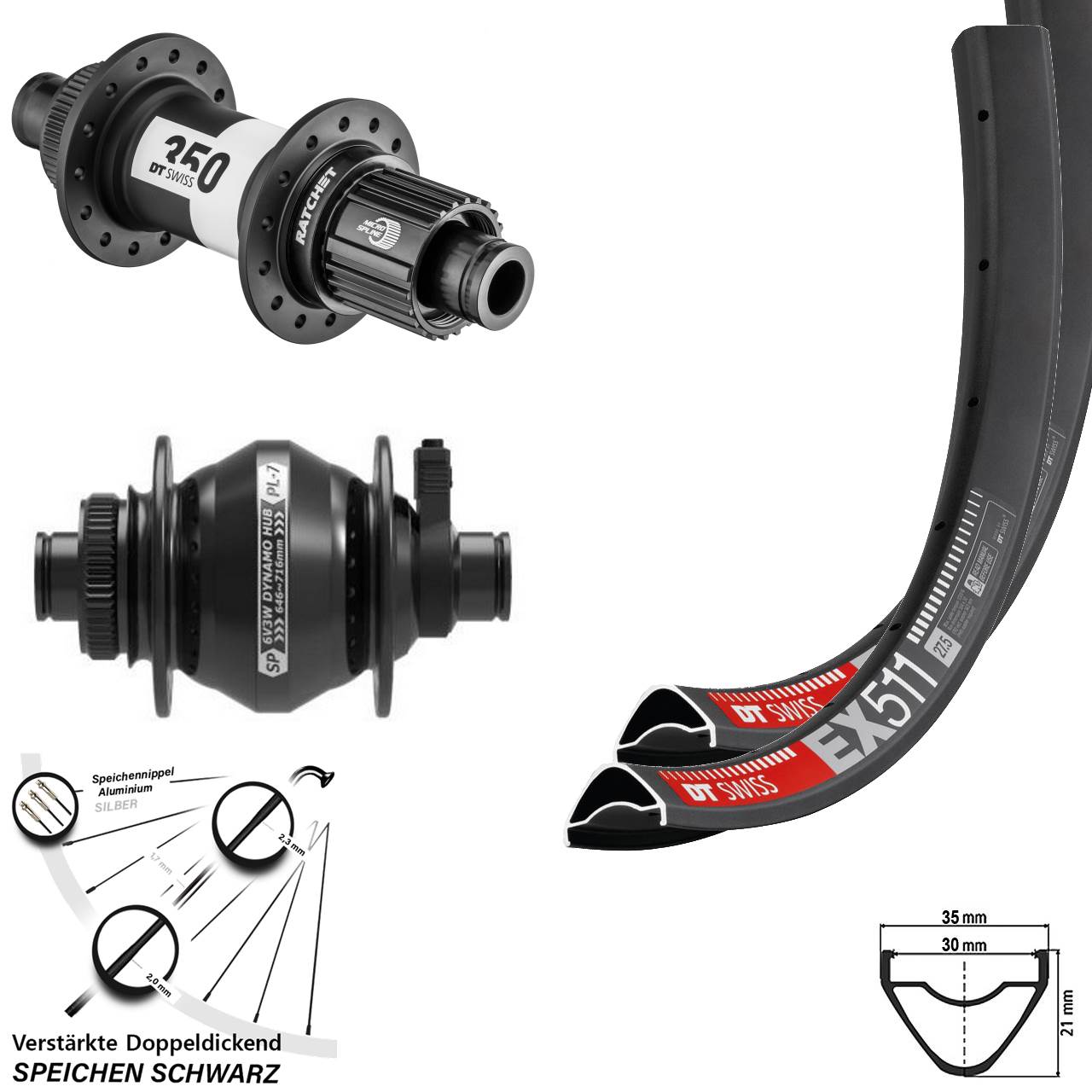 27,5 Zoll DT Swiss EX511-350 SP PL-7 Laufradsatz Centerlock 12x100/142 Micro Spline