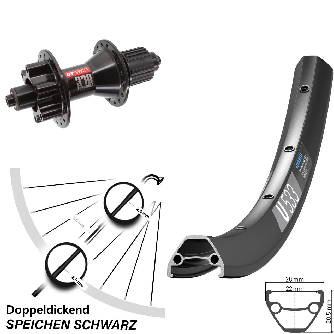 Disc Laufrad 26 Zoll DT Swiss U 533-370 Hybrid Micro Spline für Schnellspanner