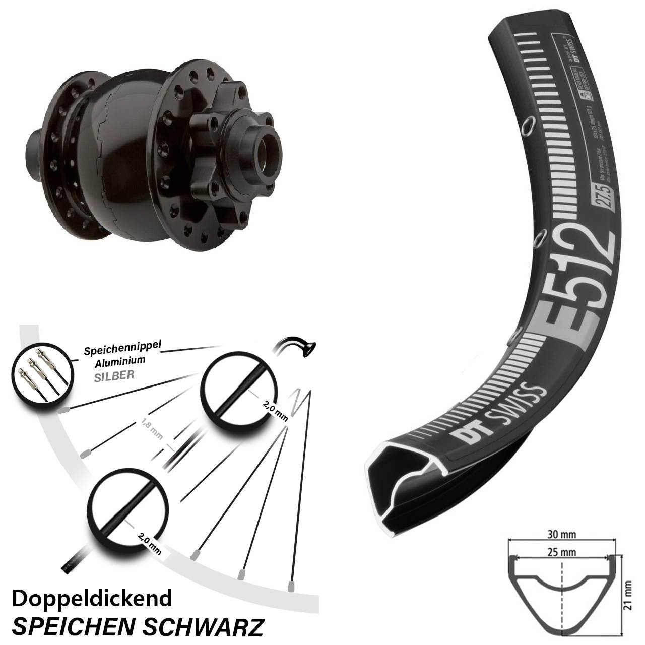 Nabendynamovorderrad 6-Loch 27,5 Zoll DT Swiss E512 SON 28 15x100