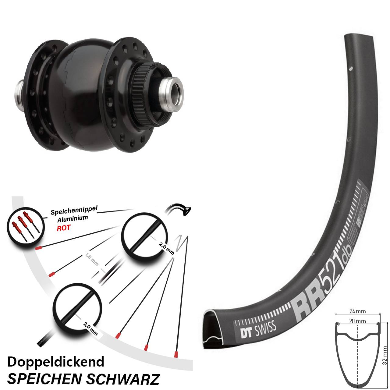 Vorderrad 28 Zoll DT Swiss RR 521 mit Son Nabendynamo 28-12 Disc schwarz