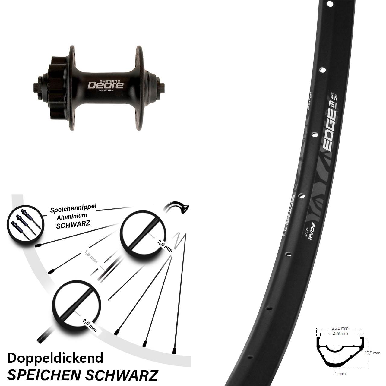28-29 Zoll Ryde Edge M22 Shimano Deore Vorderrad 6-Loch QR