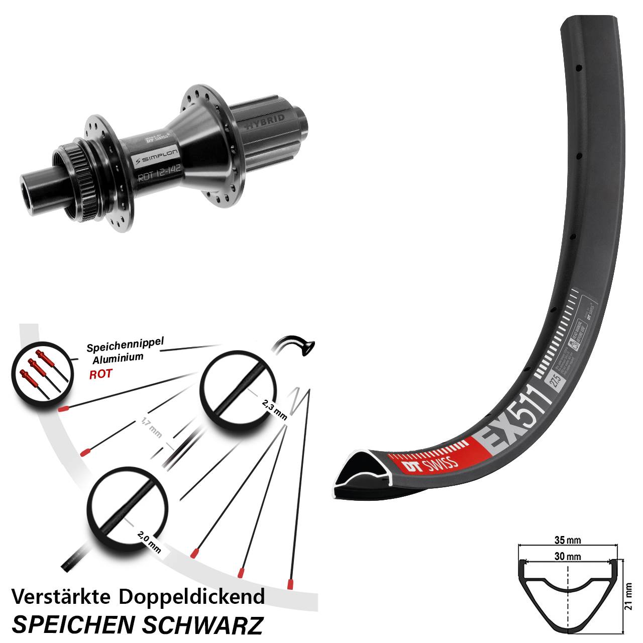 Disc Laufrad 29 Zoll DT Swiss EX511-370 Hybrid 8-11 fach 12x142