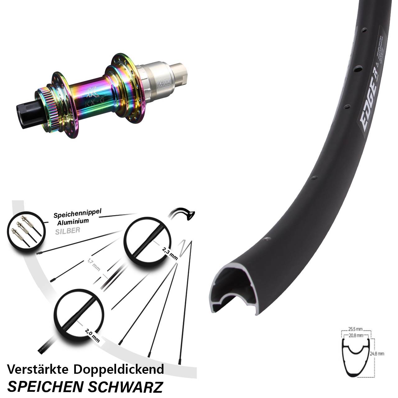 28 Zoll Ryde Edge R25 Offset KX-G Oilslick Centerlock Hinterrad 12x142 XDR 11-12 fach