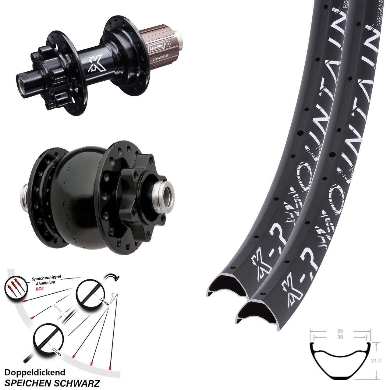 Laufradsatz 29 Zoll KX-M R Mountain 6-Loch 12x100/142 schwarz SON 28 Dynamo HG 8-12 fach
