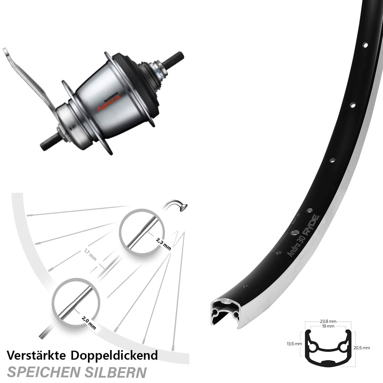 Hinterrad Fahrrad 28 Zoll Ryde Andra 30 Shimano 7 Gang Nabenschaltung Rücktritt