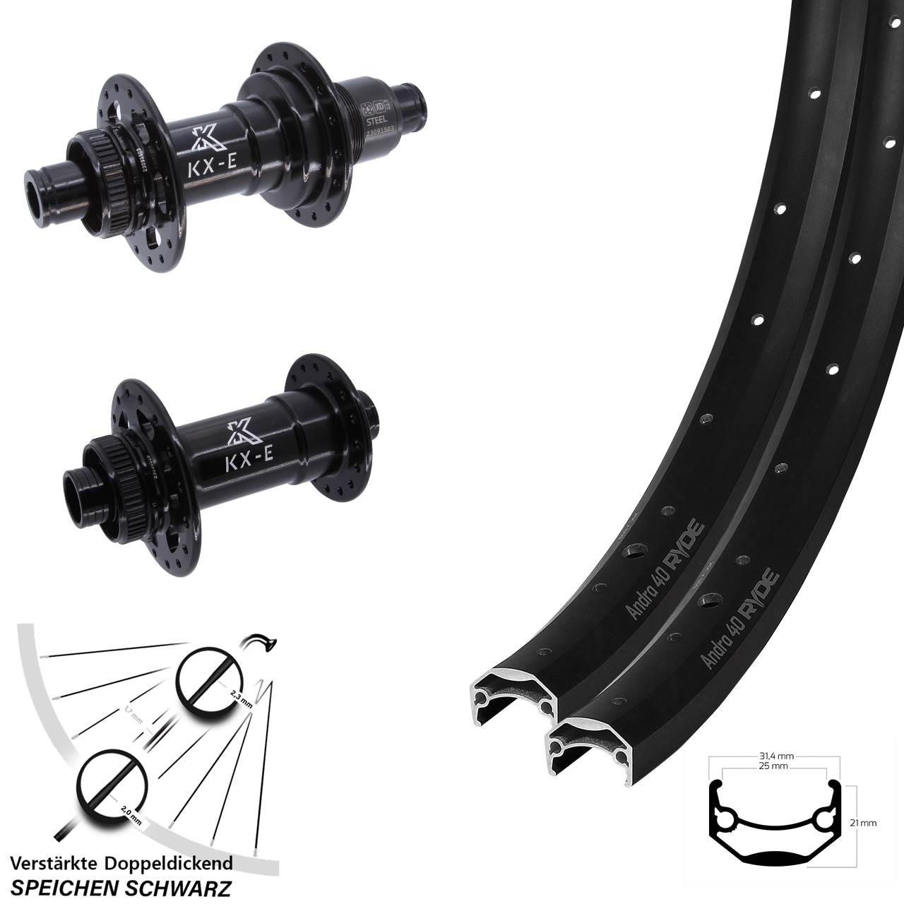 27,5 Zoll Ryde Andra 40 KX-E Heavy Duty Laufradsatz 15x110 12x148 SRAM XD