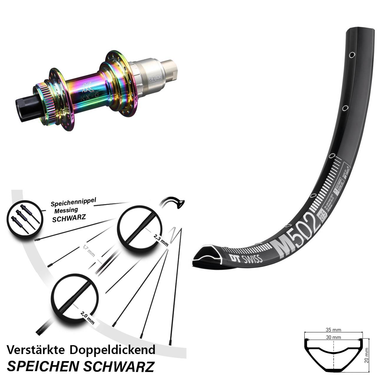 29 Zoll DT Swiss M 502 KX-G Oilslick Hinterrad Centerlock 12x142 XDR